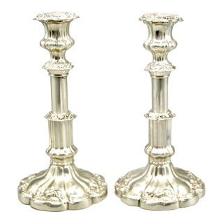 Mid Century Plate Silver Candlesticks Adjustable Height 10 Inches, a Pair For Sale