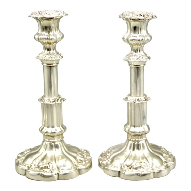 Mid Century Plate Silver Candlesticks Adjustable Height 10 Inches, a Pair For Sale
