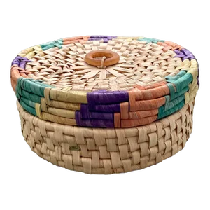 Late 20th Century Vintage Multicolored Round Woven Basket With Wooden Handle