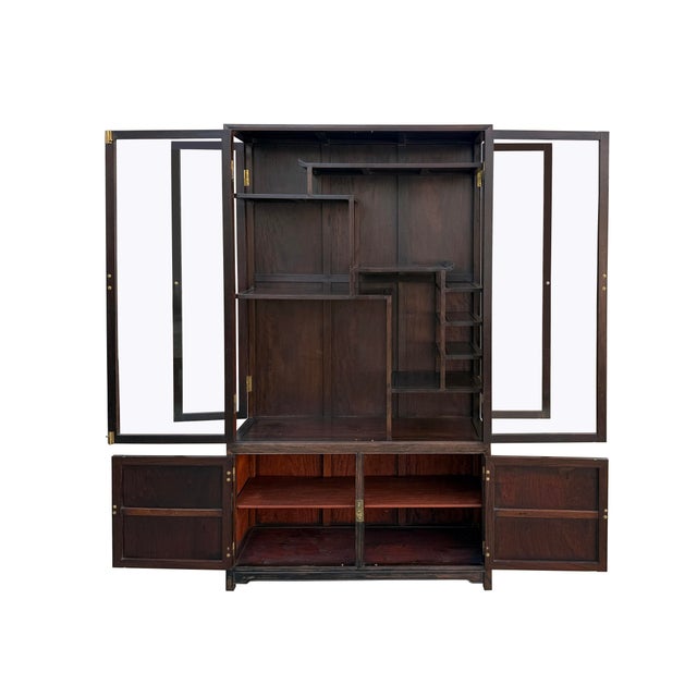 Vintage Dark Brown Oriental Treasure Glass Doors Display Curio Stack Cabinet For Sale - Image 4 of 13