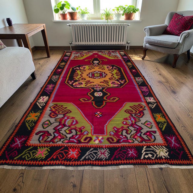 Farmhouse Handwoven Turkish Kilim Rug Anatolian Tribal Magenta Rug - 6′2″ X 13′3″ For Sale - Image 3 of 12