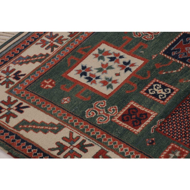 Textile Rug & Kilim’s Kazak-Inspired Rug, Tribal Geometric Patterns in Green & Red For Sale - Image 7 of 10