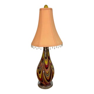 Late 20th Century Murano Style Multi-Colored Glass Lamp With Tasseled Shade For Sale