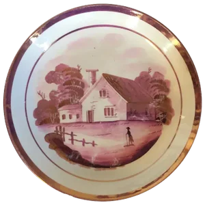 Antique 19th Century English Regency Pink Luster Cake Plate or Low Bowl with Farm Landscape