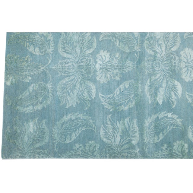 2010s Floral Blue Contemporary Nepalese Wool & Silk Rug For Sale - Image 4 of 7