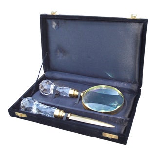 Antique Crystal & Brass Letter Opener & Magnifying Glass Set For Sale