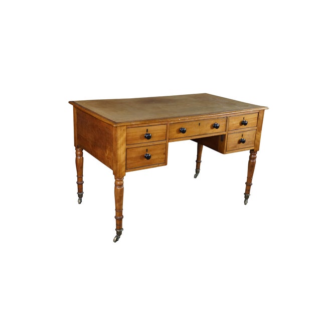 Victorian Antique 19th C. English Regency Maple & Oak Tooled Leather Top Partner's Desk For Sale - Image 3 of 18