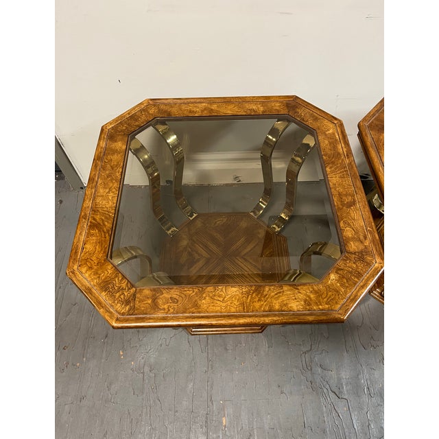 Wood Mid Century Burl and Brass Side Tables For Sale - Image 7 of 9