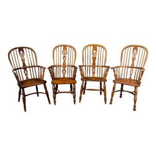 1840 Antique 19th Century High-Backed English Ash Elm Country Windsor Arm Chairs- Set of 4 For Sale