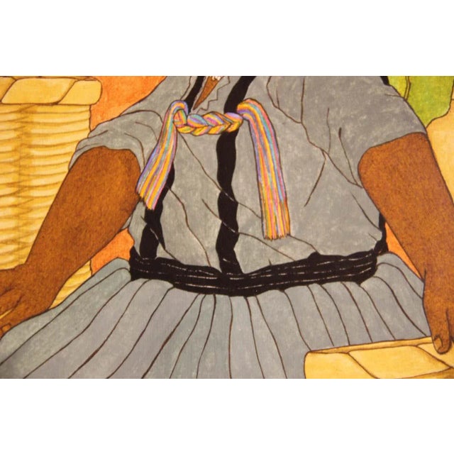 Paper Nadine Mayes Colorful Watercolor Portrait of Seated Female in Blue Dress and Black + Red Hat 1990s For Sale - Image 7 of 12