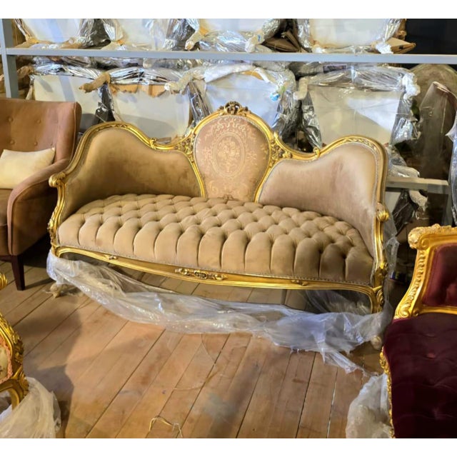 French Grand French Louis XV Beige Velvet Sofa With Hand-Gilded Gold Leaf Frame & Tufted Seat For Sale - Image 3 of 3
