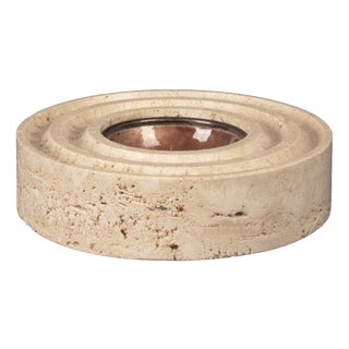 Italian Round Travertine and Copper-Toned Metal Ashtray, 1970 For Sale