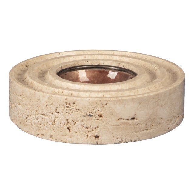 Italian Round Travertine and Copper-Toned Metal Ashtray, 1970 For Sale