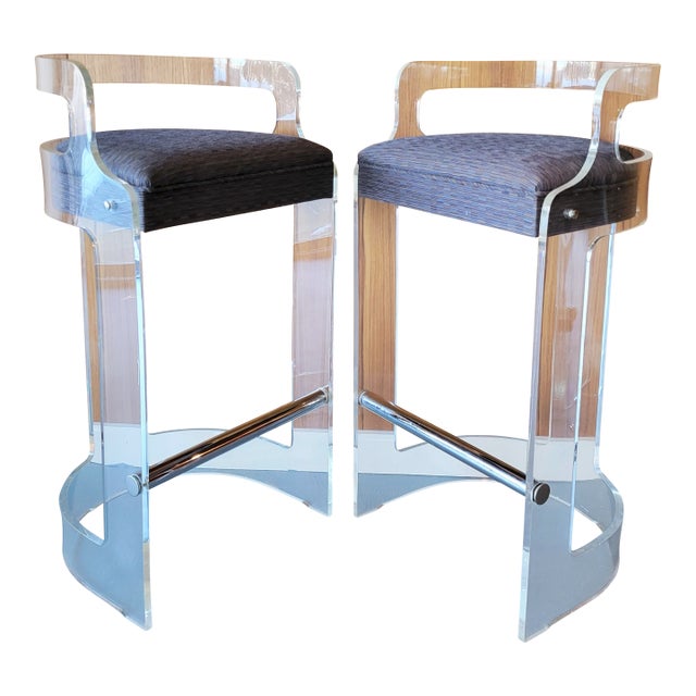 Set of Two Vintage 1970s Post Modern Lucite Bar Stools For Sale