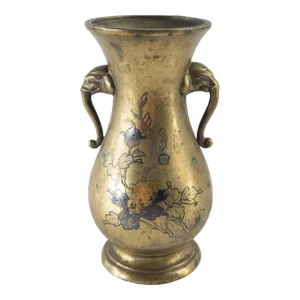 19th Century Japanese Mixed Metal Bronze Vase With Flowers and Elephant Ears