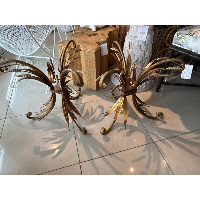 Hollywood Regency Vintage Pair of 1950s Italian Gold Tole Wheat Sheaf Side End Tables Cocktail For Sale - Image 3 of 12
