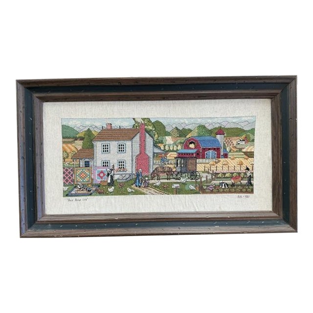 1987 Colorful, Detailed Cross Stitch of Farmhouse and Farm Scene For Sale