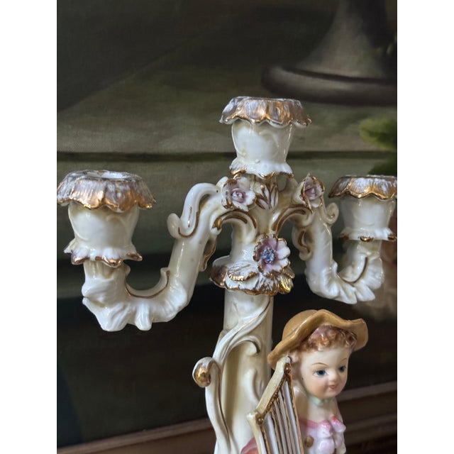 Rococo Vintage Rococo Revival Porcelain Musician Jardinière & Candelabrum — Set of 2 For Sale - Image 3 of 10