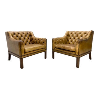 Early 20th Century Tufted English Leather Club Chairs- a Pair For Sale