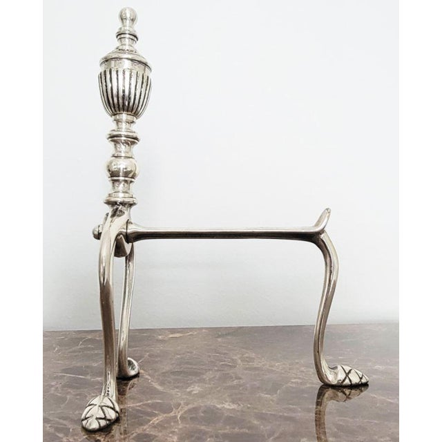 2000 - 2009 Pair of Brass Fireplace Andiron Set in Silver Antique Finish For Sale - Image 5 of 7