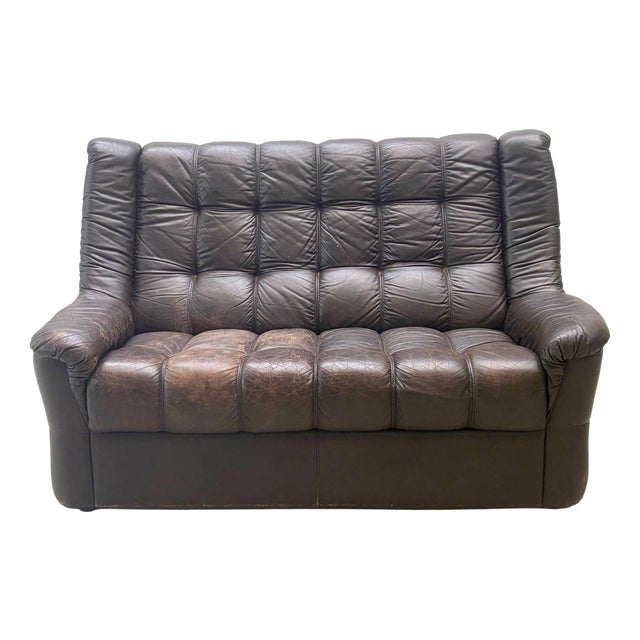 Vintage Black Leather Sofa, 1970s For Sale
