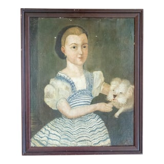 19th Century English Folk Provincial Portrait of a Girl and Westie Dog For Sale