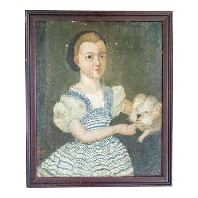 19th Century English Folk Provincial Portrait of a Girl and Westie Dog For Sale