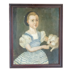 19th Century English Folk Provincial Portrait of a Girl and Westie Dog