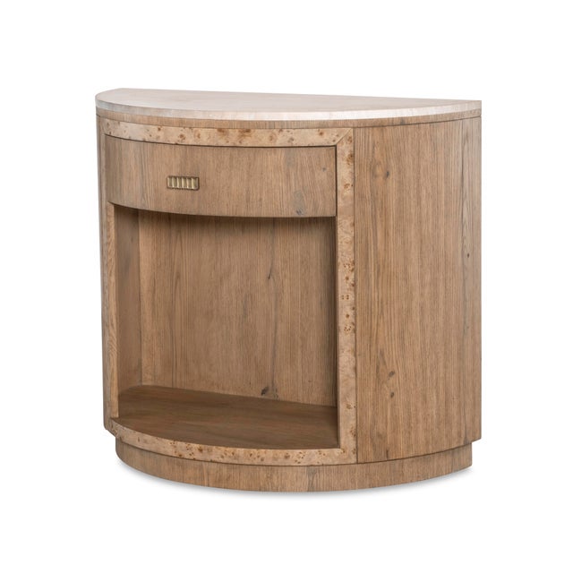 One soft-close drawer above open storage with aged bronze hardware pull<br>Lay on Travertine top