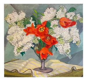 Stéphanie Caroline Guerzoni, White Lilac, Red Tulip, Oil on Canvas, 1960s