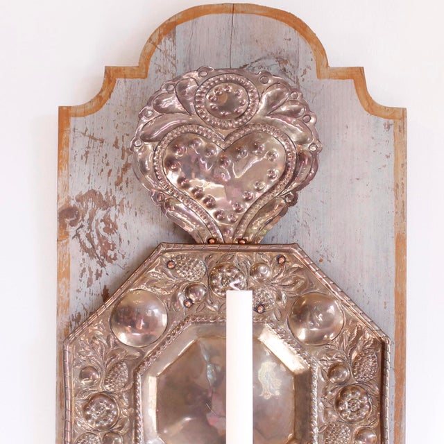 Antique Candle Sconces, Dutch Repoussée Brass and Copper Mounted on Painted Backboards - A Pair For Sale - Image 10 of 11