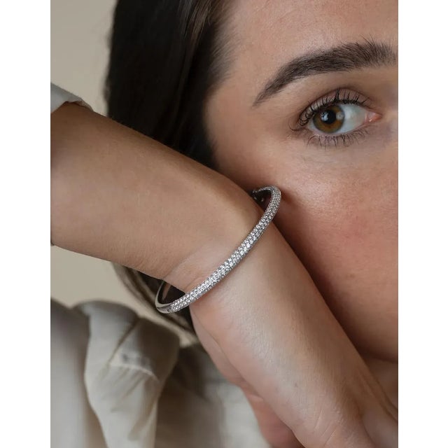 18K White Gold 3.7 Carat Round Cut Micro Pave Natural Diamond Bangle Bracelet For Sale - Image 4 of 8