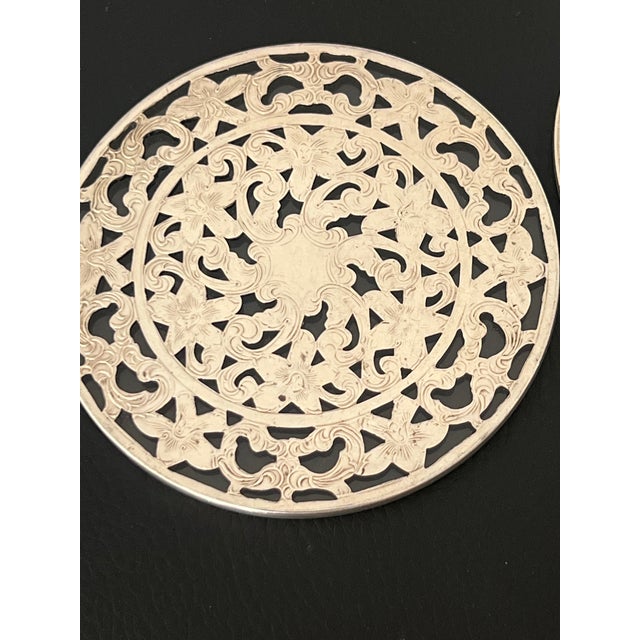 Art Nouveau Antique Art Nouveau Webster Sterling Silver Glass Overlay 3” Coasters Trivet - a Pair For Sale - Image 3 of 5