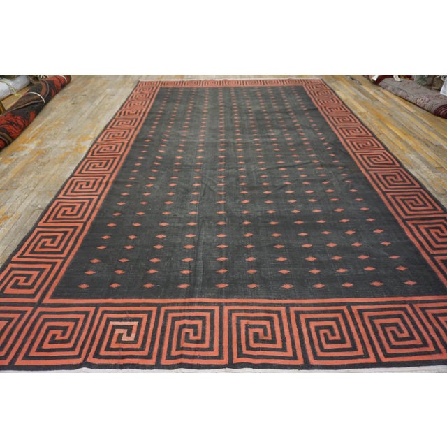 Early 20th Century Indian Cotton Dhurrie Carpet ( 8'3" X 12'9" - 252 X 388 ) Black, or in this case, charcoal, Dhurries,...