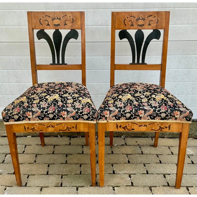 Biedermeier Pair of Antique Inlaid Biedermeier Side Chairs For Sale - Image 3 of 12
