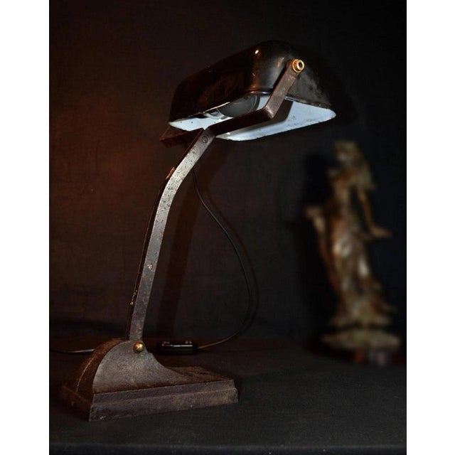 Industrial Bronze Articulated Desk Lamp with Enamel Trough Shade, 1930s For Sale - Image 12 of 13
