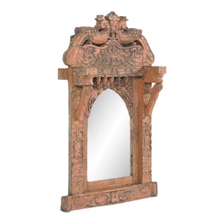 Antique Indian Carved and Painted Teakwood Window – Mirror For Sale