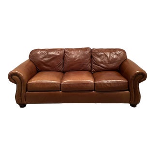 Bernhardt Brown Leather 3-Seat Rolled Arm Sofa For Sale