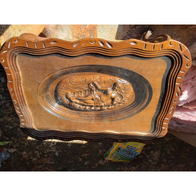 French 1940's Traditional Style Carved Cherub Wood Table Removable Glass Tray For Sale - Image 3 of 11