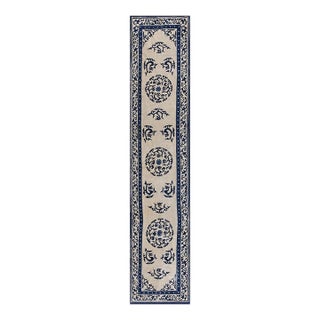1850s Beige Field Medallion Dragon Antique Chinese Ningxia Runner Rug For Sale