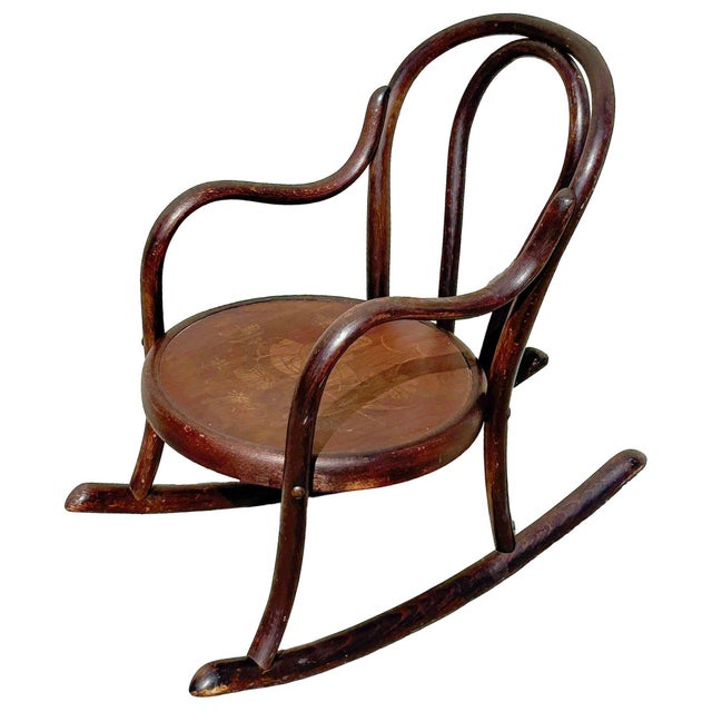 Victorian Antique Vienna Secession Child's Bent Oak Rocking Chair W/ Picture Seat Attributed to Fischel For Sale - Image 3 of 6