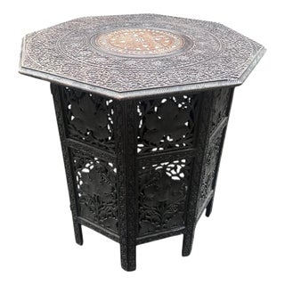 Anglo-Indian Carved Rosewood Folding Table with Floral Inlay For Sale