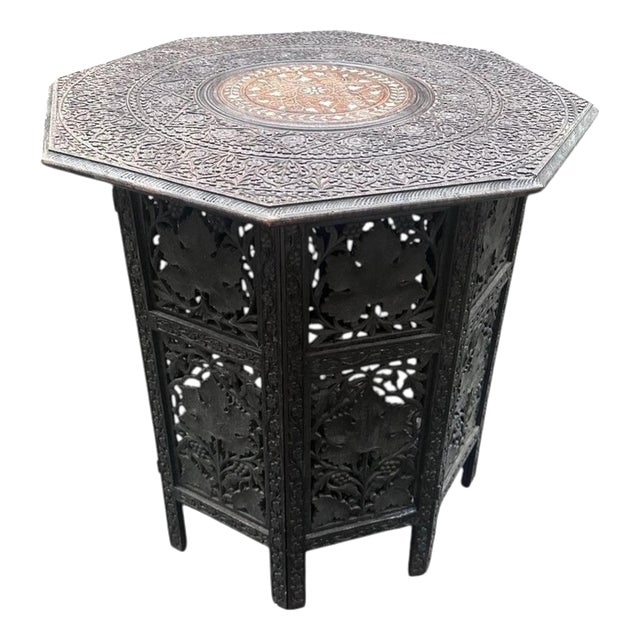 Anglo-Indian Carved Rosewood Folding Table with Floral Inlay For Sale