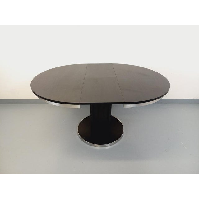 Vintage Round Dining Table in Black Wood-Effect Melamine and Chrome Metal, Space Age/1970s Style, with Integrated Extension For Sale - Image 17 of 18