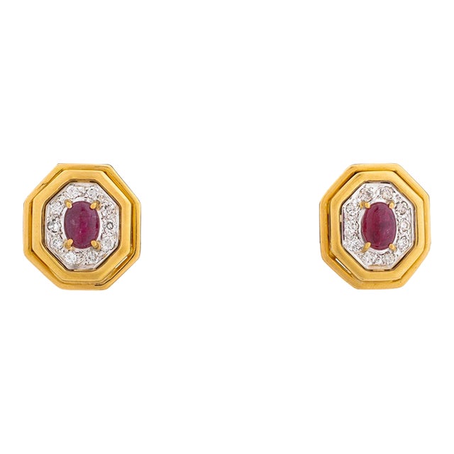 18k Yellow Gold Ruby Diamond Earrings For Sale