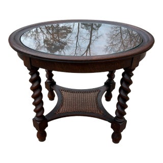 Vintage English Barley Twist Coffee Tble With Glass Top and Cane Bottom For Sale