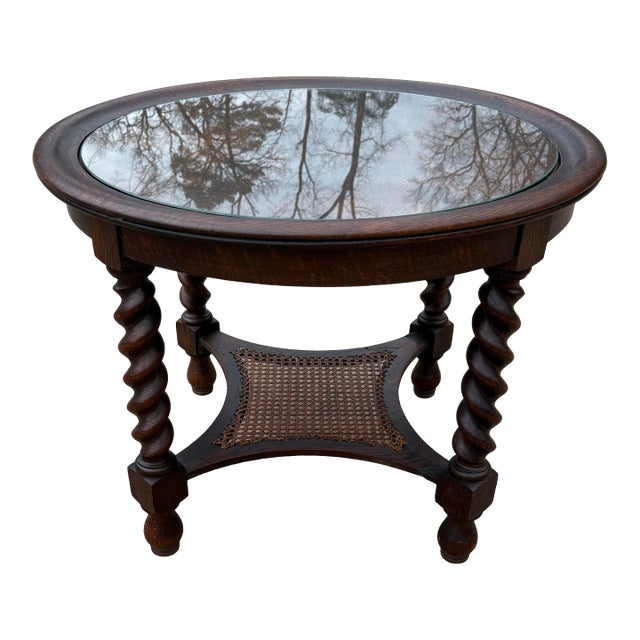 Vintage English Barley Twist Coffee Tble With Glass Top and Cane Bottom For Sale