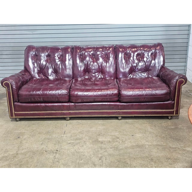 Store Item: Hancock & Moore Red Leather Sofa Nailhead Trim Three Cushions Description: High back padded sofa back over...