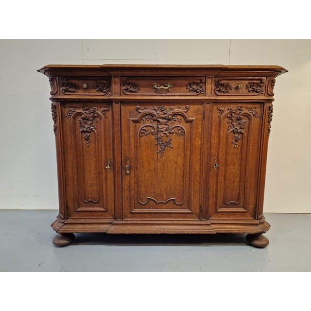 Brown Oak Sideboard with Carvings, 1920s For Sale - Image 8 of 12