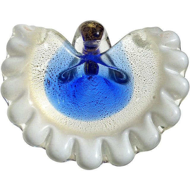 Murano Vintage Blue White Gold Flecks Italian Art Glass Seashell Ring Dish Mid Century Era Decorative Bowl For Sale In Orlando - Image 6 of 6